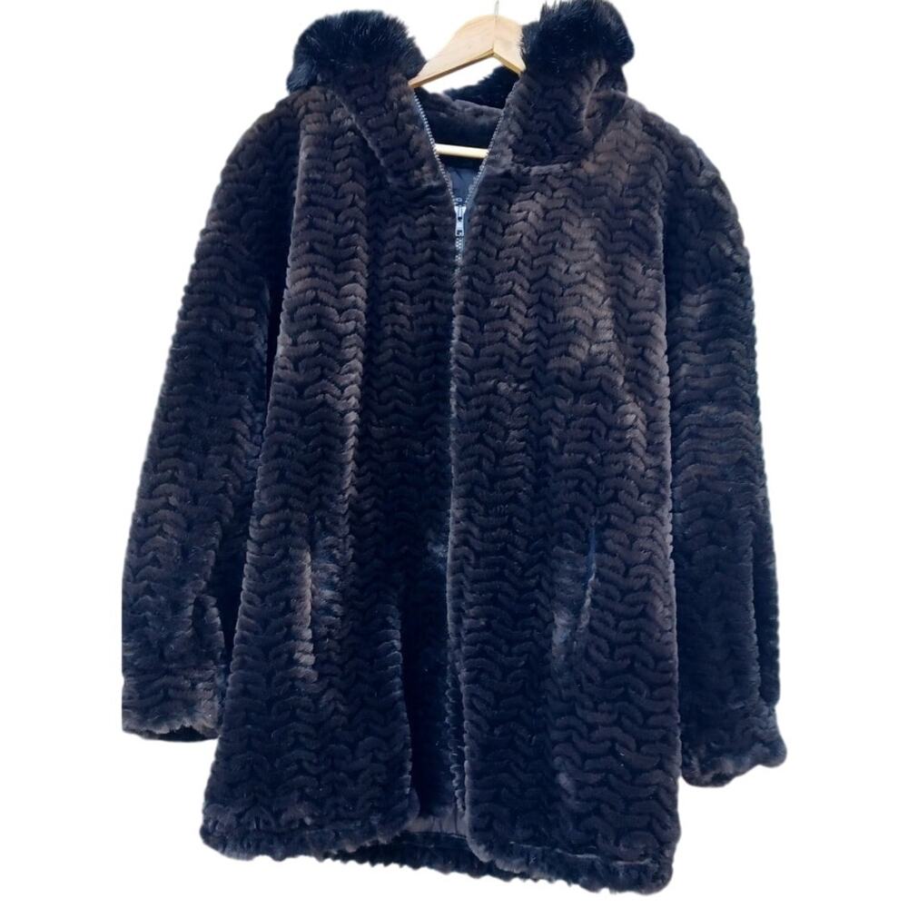 VTG Gallery Black Faux Fur Hooded Coat Small Made in USA Winter Jacket Mob Wife - Picture 2 of 7